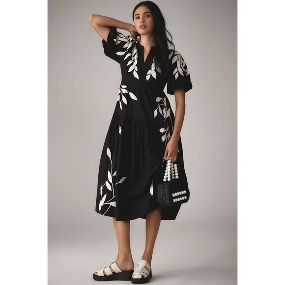 Anthropologie Dresses & Skirts - Anthropologie sz S Short Sleeve Black White Embroidered Leaf Midi Dress Smocked